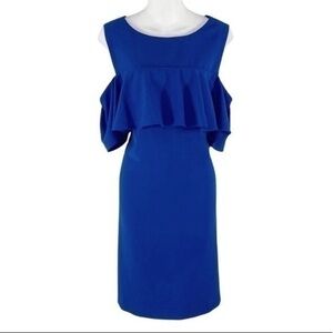 Tahari blue ruffle cold shoulder stretch dress 14